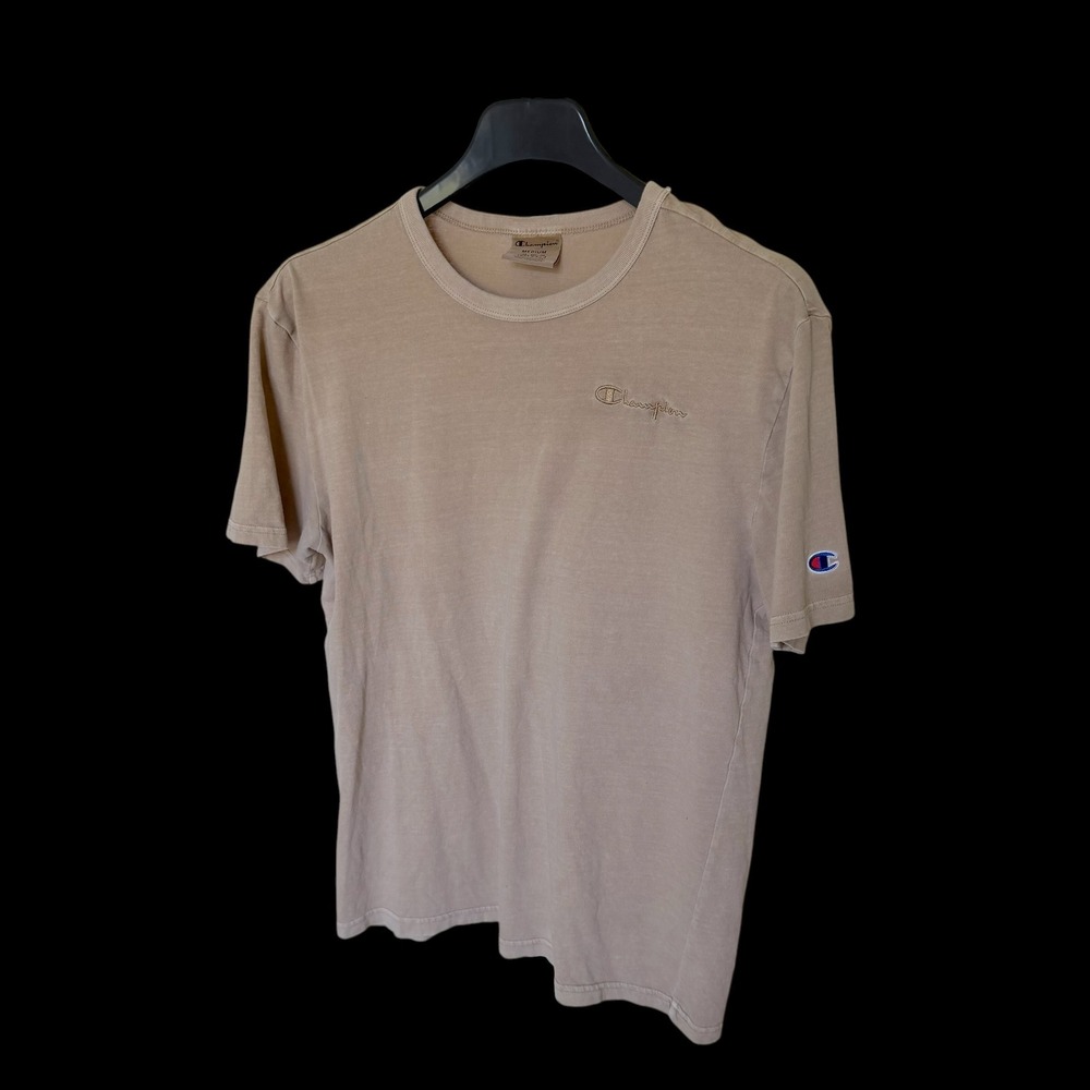 90's Champion T-Shirt Medium Tan Brown Embroidered Script Logo Short Sleeve Tee